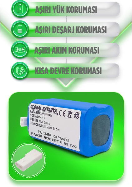 Fakir Robert II Rs 720 Uyumlu Akıllı Robot Süpürge Bataryası 14.4V 2600mAh Li-ion Pil (Yüksek Kapasite)