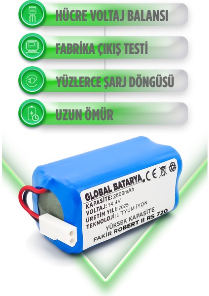 Fakir Robert II Rs 720 Uyumlu Akıllı Robot Süpürge Bataryası 14.4V 2600mAh Li-ion Pil (Yüksek Kapasite)