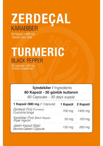 Zerdeçal Karabiber 60 Kapsül x 880 mg