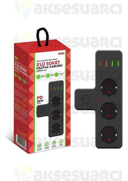 Vmk Nesil 3'lü Duvar Priz Termal Akım Korumalı Priz 3 x Usb, 1 x Type-C 20W Pd Giriş Life 103768