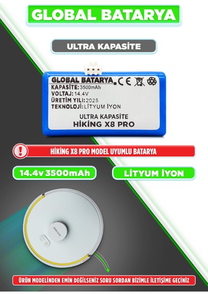 Hiking X8 Pro Uyumlu Akıllı Robot Süpürge Bataryası 14.4V 3500MAH Li-Ion Pil (Ultra Kapasite)