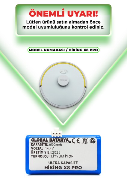 Hiking X8 Pro Uyumlu Akıllı Robot Süpürge Bataryası 14.4V 3500MAH Li-Ion Pil (Ultra Kapasite)