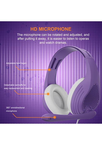 Anıvıa A9 Baş Üstü Kablolu Bas Stereo Kulaklık Bilgisayar Oyun Müzik Kulaklık 3.5mm Ses Jakı-Mor (Yurt Dışından)