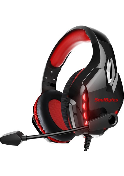 Soulbytes S11 USB + 3.5mm Kablolu Kulak Üstü E-Spor Kulaklık Dönebilen Mikrofonlu Serin LED Işık Oyun Kulaklığı-Kırmızı (Yurt Dışından)