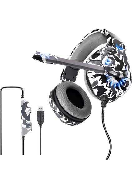 Ovleng Q8 Kamuflaj Kablolu Oyun Kulaklığı E-Spor Işık Efektli Ayarlanabilir Kulaklık USB 7.1 Kanallı Kulak Üstü Kulaklık-Camo Gri (Yurt Dışından)