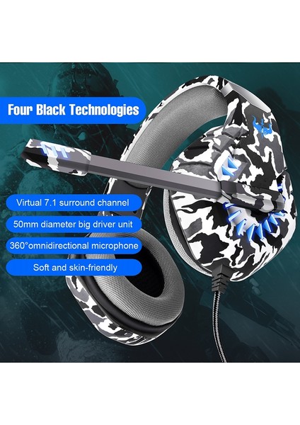 Ovleng Q8 Kamuflaj Kablolu Oyun Kulaklığı E-Spor Işık Efektli Ayarlanabilir Kulaklık USB 7.1 Kanallı Kulak Üstü Kulaklık-Camo Gri (Yurt Dışından) fiyatları