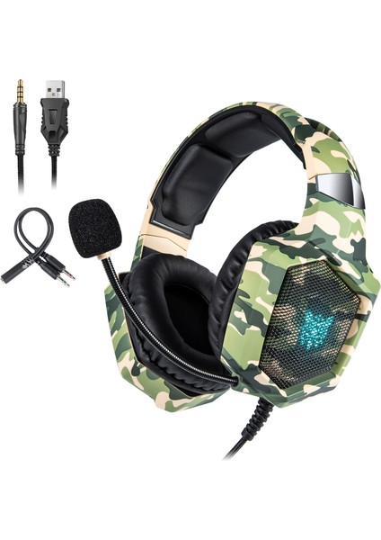 Onıkuma K8 Kamuflaj Çok Yönlü Mıc USB Gaming Headset Kablolu Kulaklık-Yeşil (Yurt Dışından)