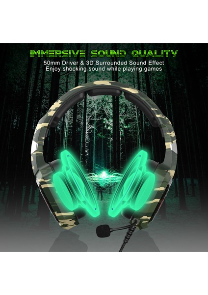 Onıkuma K8 Kamuflaj Çok Yönlü Mıc USB Gaming Headset Kablolu Kulaklık-Yeşil (Yurt Dışından)