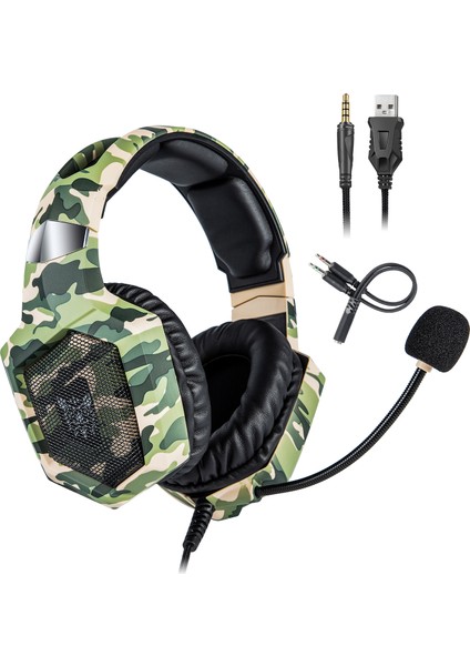 Onıkuma K8 Kamuflaj Çok Yönlü Mıc USB Gaming Headset Kablolu Kulaklık-Yeşil (Yurt Dışından)
