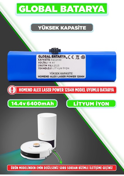 Homend Alex Laser Power 1284H Uyumlu Akıllı Robot Süpürge Bataryası 14.4V 6400MAH Li-Ion Pil (Yüksek Kapasite)