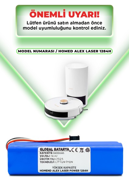 Homend Alex Laser Power 1284H Uyumlu Akıllı Robot Süpürge Bataryası 14.4V 6400MAH Li-Ion Pil (Yüksek Kapasite)