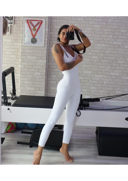 Beyaz Tek Çapraz Kalın Askılı Spor Tayt Tulum