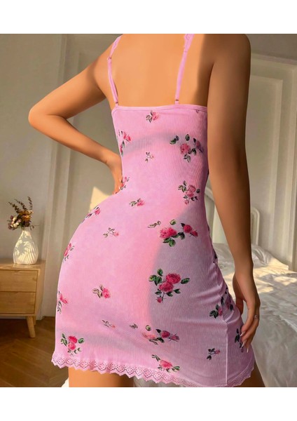 Pembe Gül Desenli Şeritli Kadın Askılı Gecelik