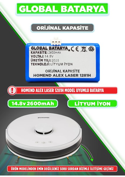Homend Alex Laser 1281H Akıllı Robot Süpürge Bataryası 14.4V 2600mAh Li-Ion Pil (Orijinal Kapasite)