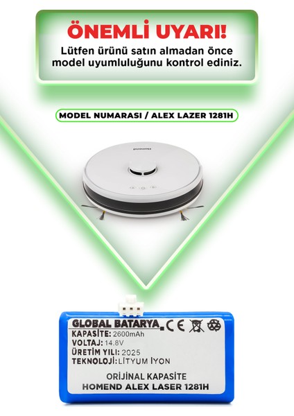 Homend Alex Laser 1281H Akıllı Robot Süpürge Bataryası 14.4V 2600mAh Li-Ion Pil (Orijinal Kapasite)