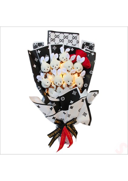 9 Beyaz Pelüş Tavşanlı LED Işıklı Siyah Buket, 65 cm x 45 cm