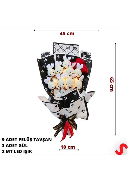 9 Beyaz Pelüş Tavşanlı LED Işıklı Siyah Buket, 65 cm x 45 cm