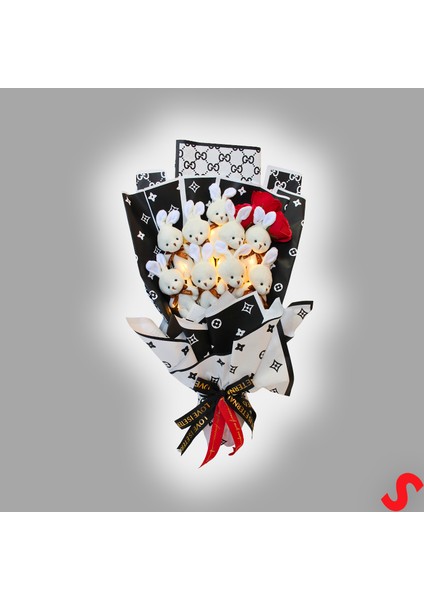 9 Beyaz Pelüş Tavşanlı LED Işıklı Siyah Buket, 65 cm x 45 cm