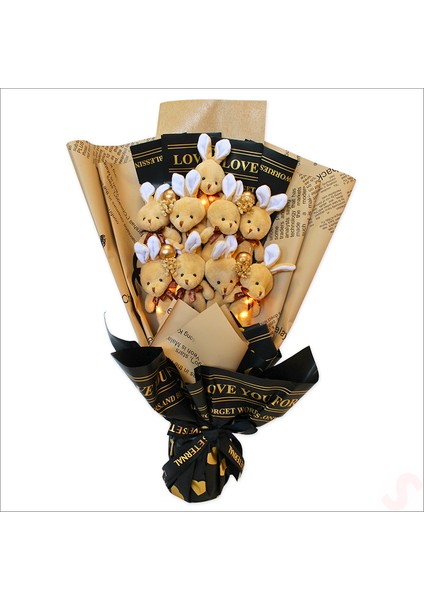 9 Kahve Pelüş Tavşanlı LED Işıklı Buket, 65 cm x 45 cm