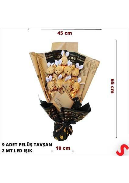 9 Kahve Pelüş Tavşanlı LED Işıklı Buket, 65 cm x 45 cm fiyatları