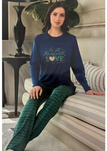 Pamuklu Esnek Kadın 2'li Pijama Takımı Lacivert-Yeşil Viskon