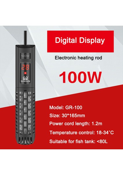 GR100W Stili Akvaryum Dijital Ayarlanabilir Su Isıtıcı Çubuğu LCD Ekran Balık Tankı Submersible Isıtıcı Kesin Sıcaklık Kontrolü (Yurt Dışından)