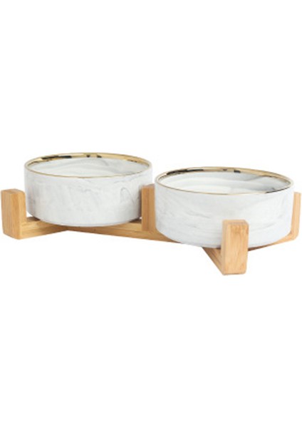 Menekşe Tarzı Seramik Kedi Köpek Kasesi Ahşap Standıyla Sıçrama Yapmayan Mama ve Su Kabı - Küçük Kediler ve Köpekler Için Mama Kabı (Yurt Dışından)