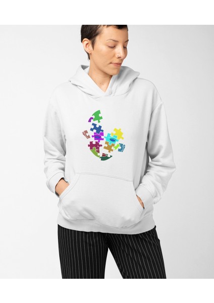 Puzzle Face Baskı Kapüşonlu Sweatshirt Kadın