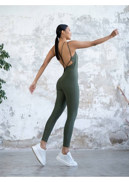 Haki Yeşil Ip Askılı Spor Tayt Tulum