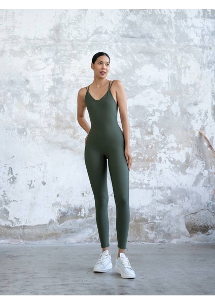 Haki Yeşil Ip Askılı Spor Tayt Tulum fiyatları