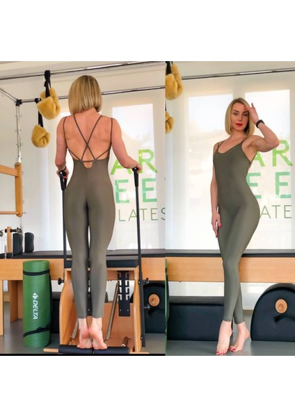 Haki Yeşil Ip Askılı Spor Tayt Tulum fırsatları