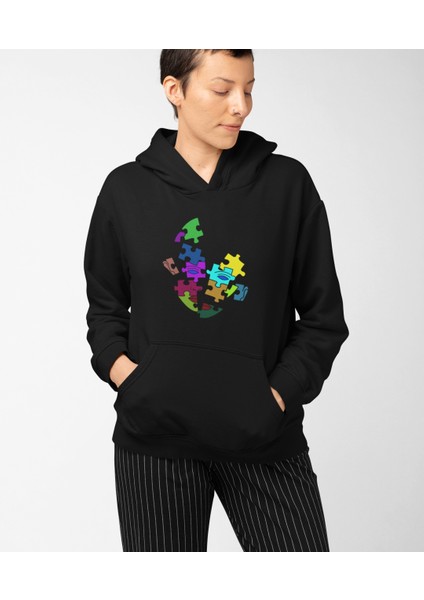 Puzzle Face Baskı Kapüşonlu Sweatshirt Kadın