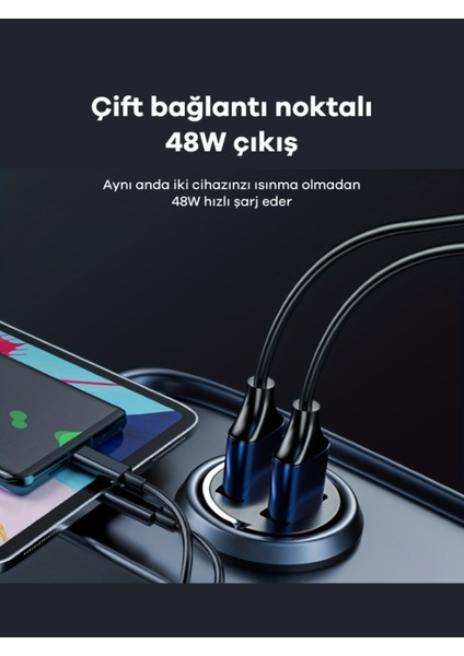 48W 1x USB 1x Type-C Hızlı Araç Şarjı Çakmaklık Girişli Apple Android Tam Uyumlu Bc-01