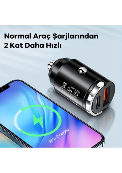 48W 1x USB 1x Type-C Hızlı Araç Şarjı Çakmaklık Girişli Apple Android Tam Uyumlu Bc-01