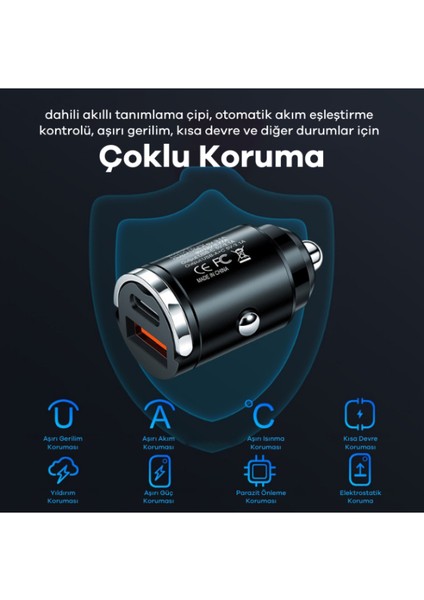 48W 1x USB 1x Type-C Hızlı Araç Şarjı Çakmaklık Girişli Apple Android Tam Uyumlu Bc-01