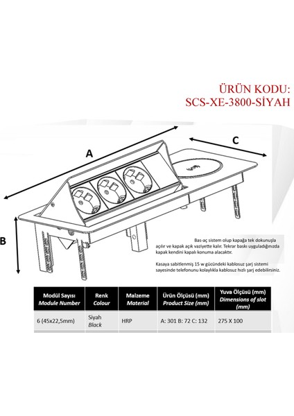Masa Için Priz Kutusu Gömme Kablosuz Sarj Ünitesli Wireless USB 6 Modül
