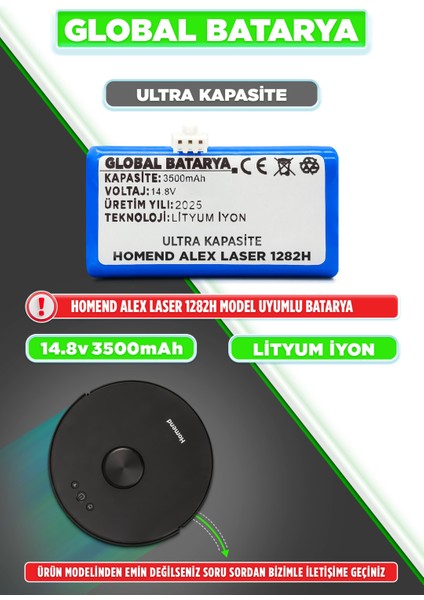 Homend Alex Laser 1282H Akıllı Robot Süpürge Bataryası 14.4V 3500MAH Li-Ion Pil (Ultra Kapasite)