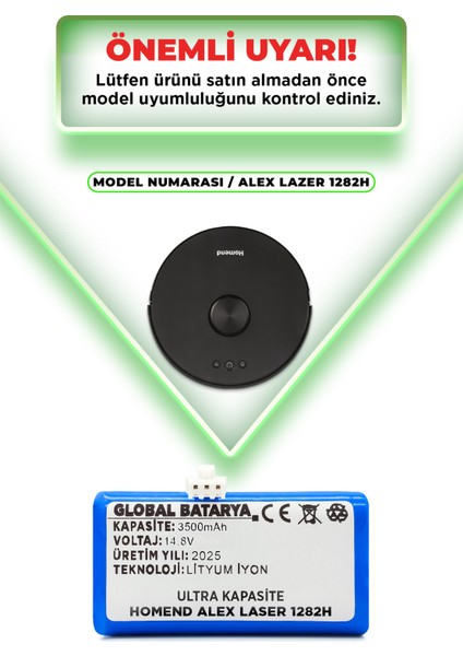 Homend Alex Laser 1282H Akıllı Robot Süpürge Bataryası 14.4V 3500MAH Li-Ion Pil (Ultra Kapasite)