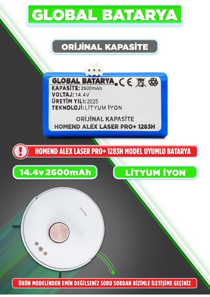 Homend Alex Laser Pro+ 1283H Akıllı Robot Süpürge Bataryası 14.4V 2600MAH Li-Ion Pil (Orijinal Kapasite)