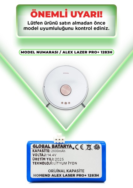 Homend Alex Laser Pro+ 1283H Akıllı Robot Süpürge Bataryası 14.4V 2600MAH Li-Ion Pil (Orijinal Kapasite)