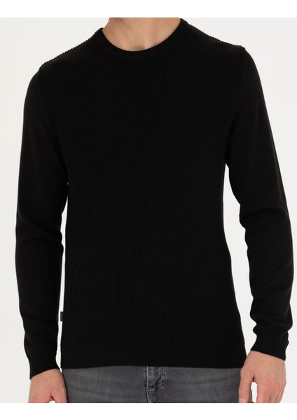 Erkek Siyah Slim Fit Bisiklet Yaka Triko Kazak 50281823-VR046