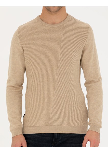 Erkek Bej Slim Fit Bisiklet Yaka Triko Kazak 50281823-VR011