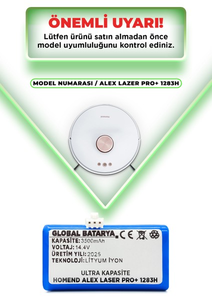Homend Alex Laser Pro+ 1283H Akıllı Robot Süpürge Bataryası 14.4V 3500MAH Li-On Pil (Ultra Kapasite)