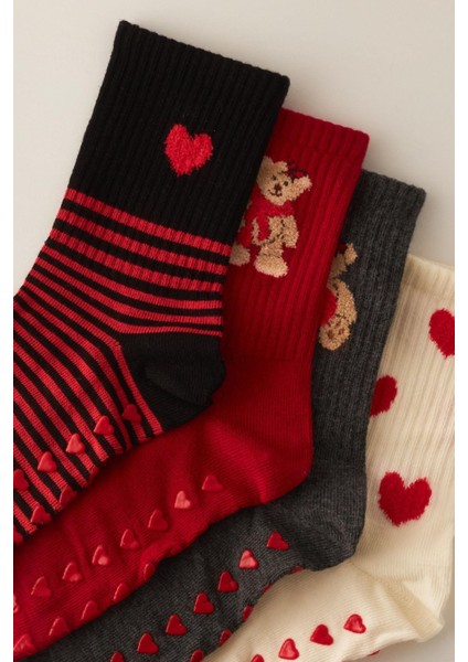 Kadın 4 Lü Paket Kutulu Kalpli Teddy Soket Çorap Kırmızı modelleri