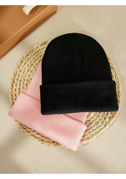Unisex Katlamalı PEMBE,SİYAH 2'Lİ Bere Seti EKEBERESETİ2LİYENİ
