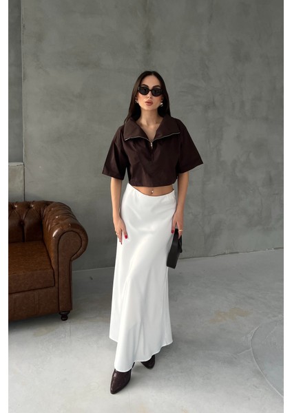Kahverengi Fermuar Detaylı Crop Bluz fiyatları