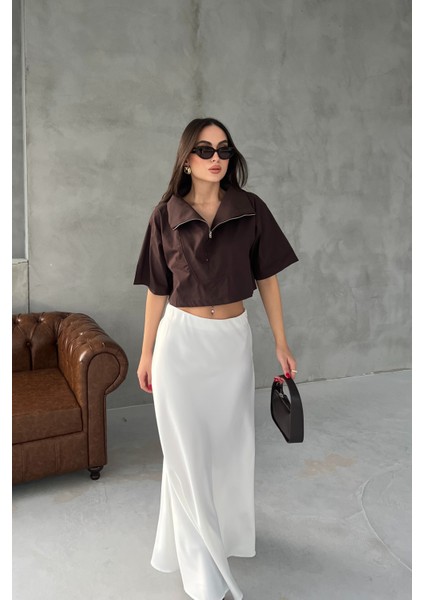 Kahverengi Fermuar Detaylı Crop Bluz modelleri
