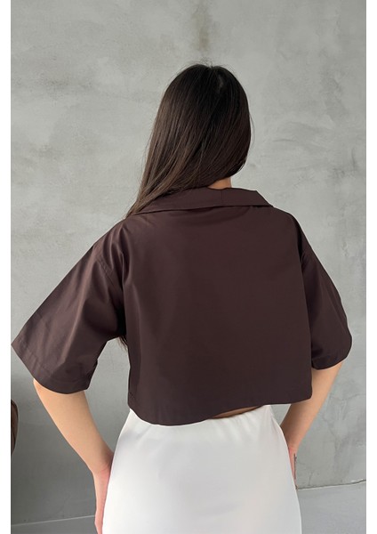 Kahverengi Fermuar Detaylı Crop Bluz indirimleri
