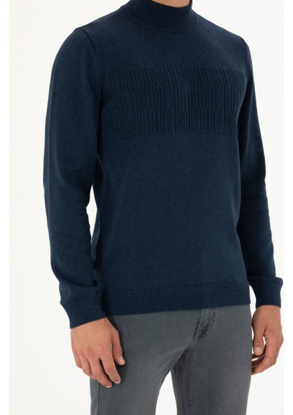 Erkek Lacivert Melanj Slim Fit Yarım Balıkçı Yaka Triko Kazak 50281846-VR120