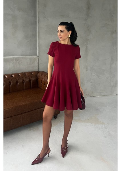 Bordo Coco Volanlı Kısa Elbise